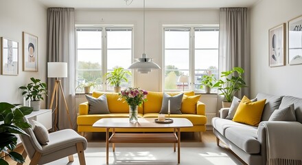 Bright, modern living room showcasing a yellow sofa, grey accents, and indoor plants.