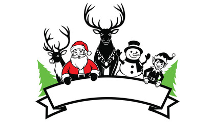 Christmas characters with blank banner, santa, snowman, elf, deer