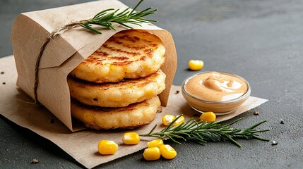 Three golden corn fritters are stacked and wrapped in brown paper, served with a small bowl of dipping sauce, corn kernels, and rosemary sprigs on a dark surfac