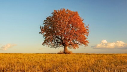 A lone tree with bright orange autumn leaves stands in an open field under a clear blue sky. Symbolizes solitude, change, and the beauty of the fall countryside.

