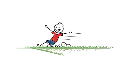 Stick figure boy sliding on grass with arms outstretched.