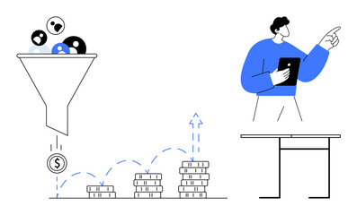 Funnel filtering audience leads into currency, stacked coins increasing, professional holding tablet. Ideal for marketing, sales strategy, customer conversion, revenue growth, business analysis