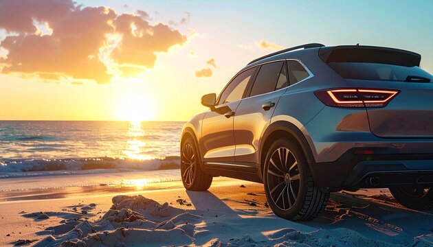 A sleek silver crossover car on a serene sandy shore, basking in the warm glow of a beautiful seaside sunset