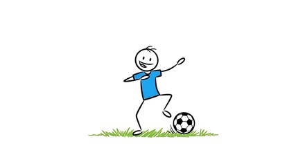 Stick figure soccer player kicking a ball on grass.