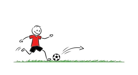 Stick Figure Soccer Player Kicking Ball on Green Field.