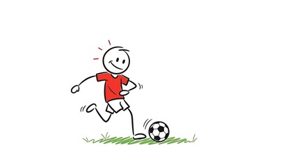 Stick Figure Soccer Player Kicking Ball with Joyful Expression.