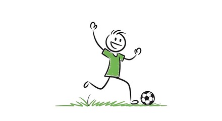 Stick Figure Soccer Player Kicking Ball with Joyful Expression.