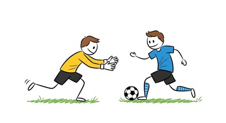 Stick figure soccer players in action on the field.