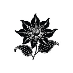 Stylized black flower with petals and leaves isolated on white background