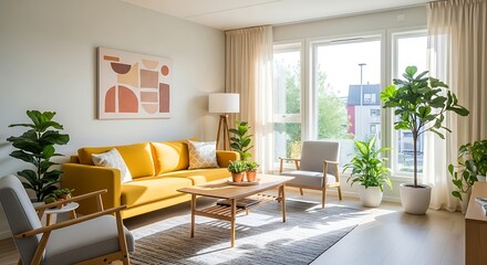 Comfortable modern living room bathed in natural light, featuring vibrant yellow sofa.