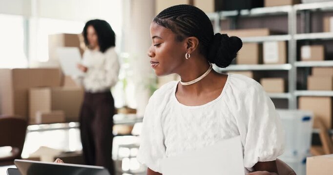 Ecommerce, laptop or supplier in office with paper, delivery or export management in supply chain. Logistics, checklist document or woman in agency with tech, package or cargo control in distribution