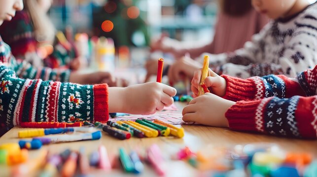 Group of children are drawing on a table with a variety of colored markers. Concept of creativity and fun, as the children are engaged in a collaborative activity