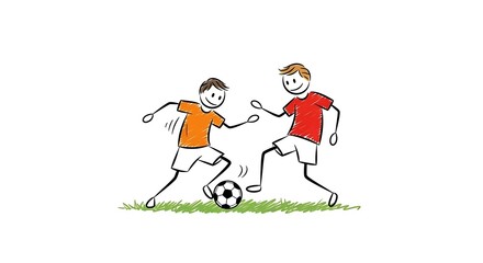 Two Stick Figure Boys Playing Soccer with a Ball.