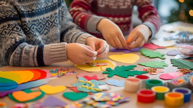 Two children are making paper crafts on a table. The table is covered with various shapes and colors of paper, including hearts and trees. The children are using scissors - Powered by Adobe