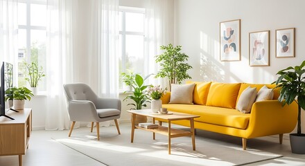 Bright, modern living room with yellow sofa, gray chair, and natural light accents.