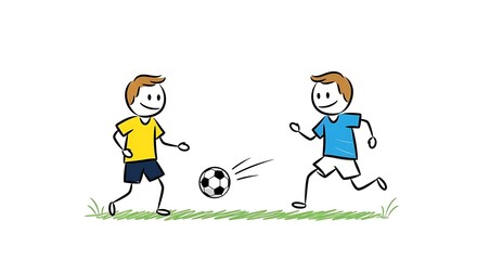 Two stick figures playing soccer with a soccer ball.