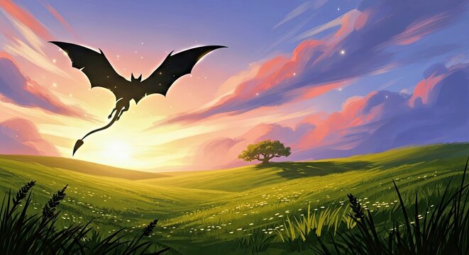 Fantasy Dragon Silhouette Flying Over Sunrise Landscape with Lone Tree