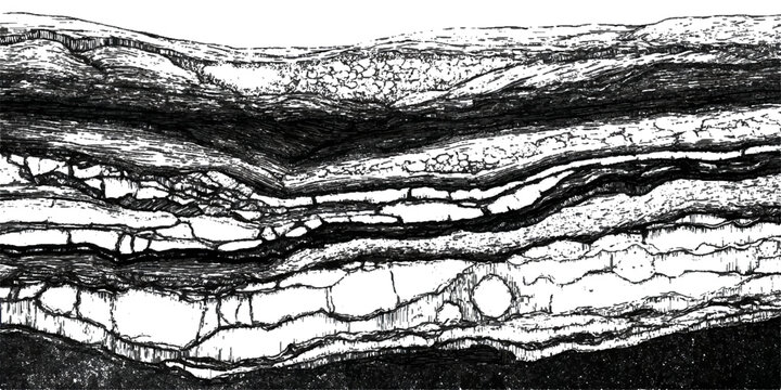 Abstract natural rock formation backdrop with stratified stone .surface grungy black rugged geological structure background design .