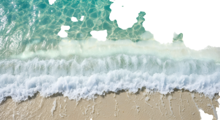 Top view of turquoise ocean waves crashing on a sandy beach isolated on a transparent background water