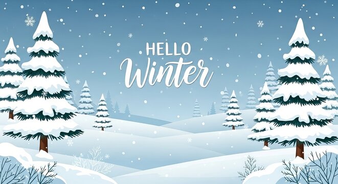 Magical winter wonderland scene with snow covered trees and hills