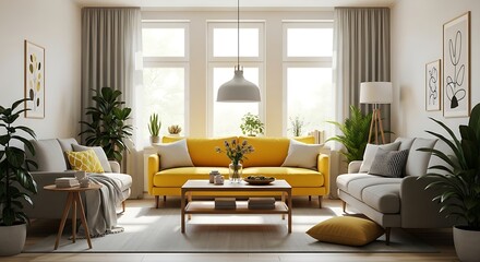 Bright and airy modern living room with vibrant yellow sofa and neutral accents.