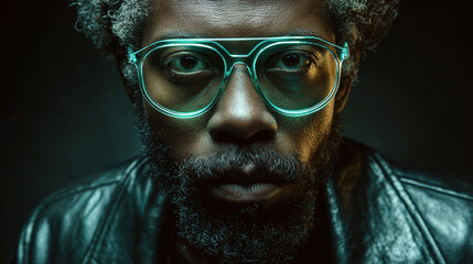 A striking portrait of a person wearing stylish eyewear with a confident gaze. The person's expression exudes a sense of introspection and assurance