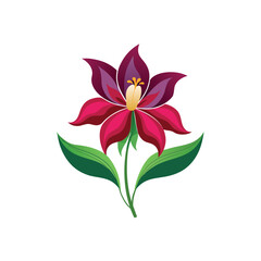 Stylized magenta and purple flower with green leaves isolated on white background