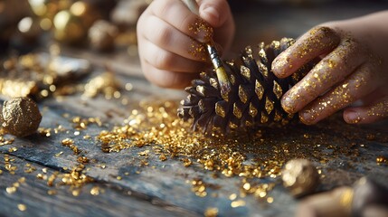 Child is decorating a pine cone with gold glitter. The pine cone is sitting on a wooden table with other decorations around it