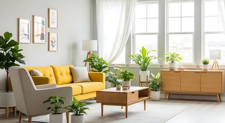Bright and airy modern living room showcasing a vibrant yellow sofa and neutral decor.