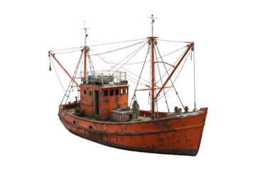 Vintage weathered orange fishing boat isolated on transparent background