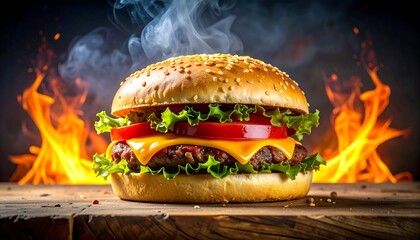 Steaming hamburger w/ cheese, tomato, lettuce on wooden surface, fire background