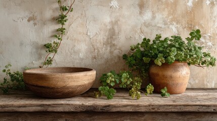 Minimalist rustic still life featuring a wooden bowl, vibrant green plants in a terracotta pot, and creeping vine on a textured earthy wall.