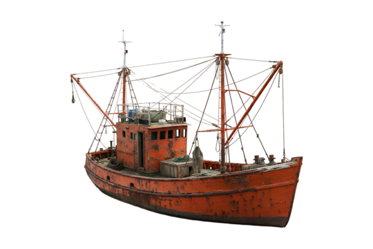 Vintage weathered orange fishing boat isolated on transparent background