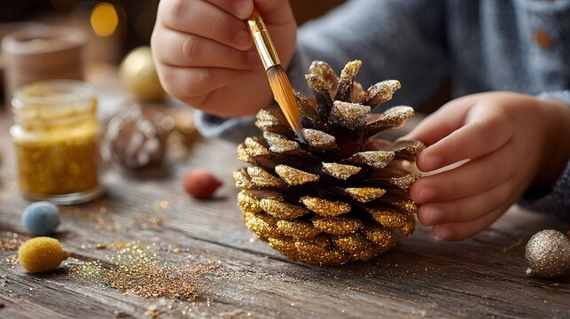 Child is decorating a pine cone with glitter. The pine cone is sitting on a wooden table - Powered by Adobe