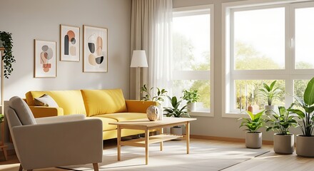 Warm, inviting modern living room featuring bright yellow sofa and natural light.