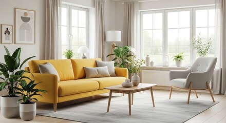 Bright and airy living room features a striking yellow sofa with neutral accents.