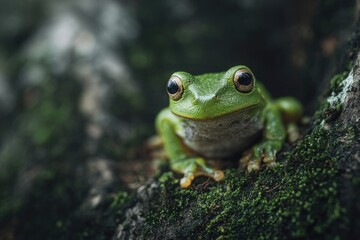 Obraz premium Close up of a vibrant green frog perched on mossy surface outdoors