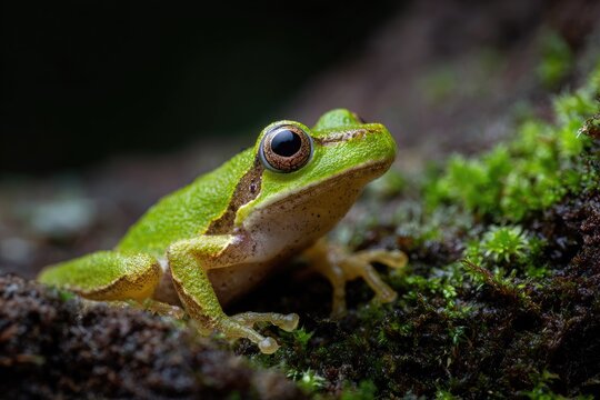 Close up of a vibrant green frog perched on mossy log surface