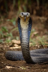 Fototapeta premium Close up of cobra snake with hood erect against blurred background