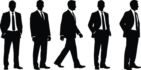 Group of businessmen silhouettes wearing suits and ties, standing and walking poses, corporate executive vector illustration, professional team concept, formal attire