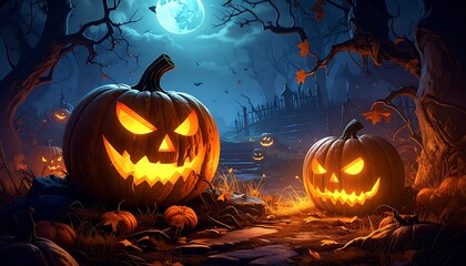 Spooky night scene with glowing jack-o'-lanterns along a path under a bright moon and gnarled, silhouetted trees