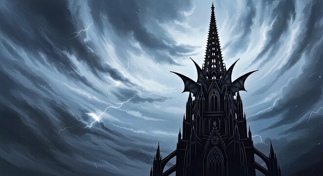 Gothic Cathedral Spire Silhouette Against Lightning Cloudy Sky