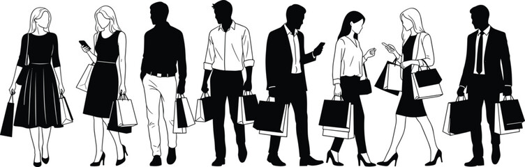 Group of fashionable people walking with shopping bags, black and white silhouette illustration, retail consumerism, seasonal sale event, holding packages, vector art