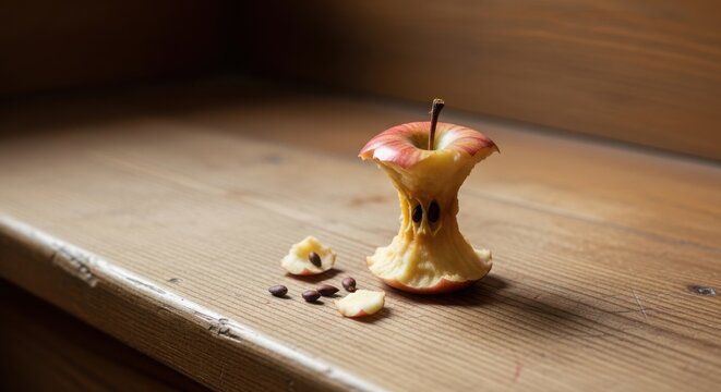Apple core shows good ecology as the remains of bitten apple. Apple core rests on weathered wood, illustrating waste from eating fresh produce.