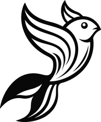 Stylized black and white bird with flowing wings and tail isolated on white background