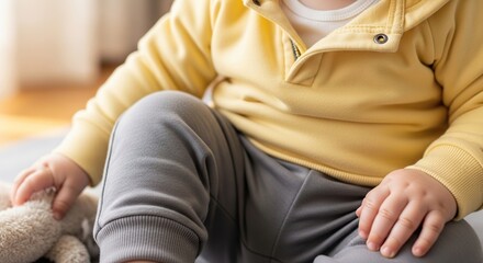 Cute baby playing with stuffed animal wearing yellow sweater and gray pants sitting on floor at home indoors