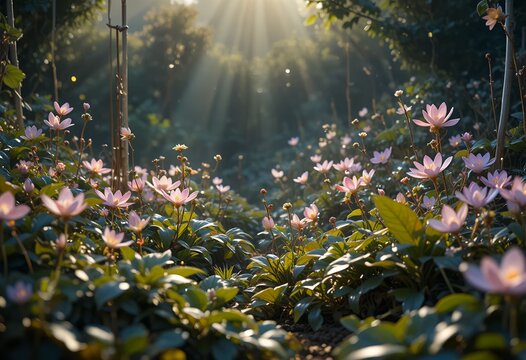 Morning Sunlight Over Blooming Pink Flowers in a Peaceful Garden
