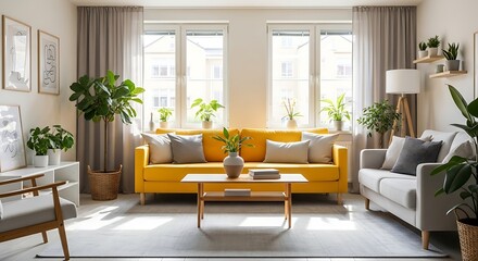 Bright and airy modern living room showcases a vibrant yellow sofa and natural light.