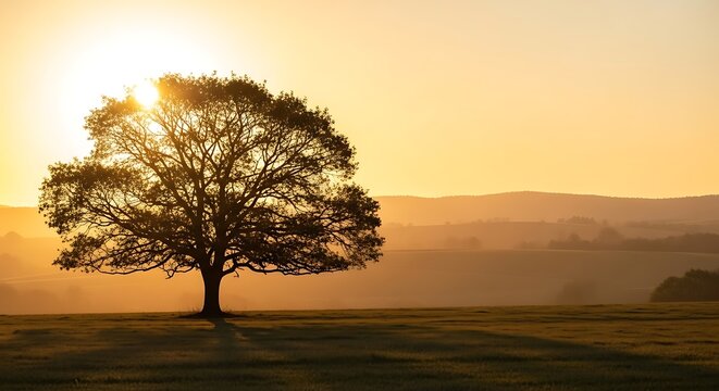 Solitary tree silhouetted against a golden sunrise in a hazy landscape