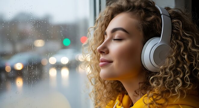 Young woman with curly hair wearing headphones listening to music by a window